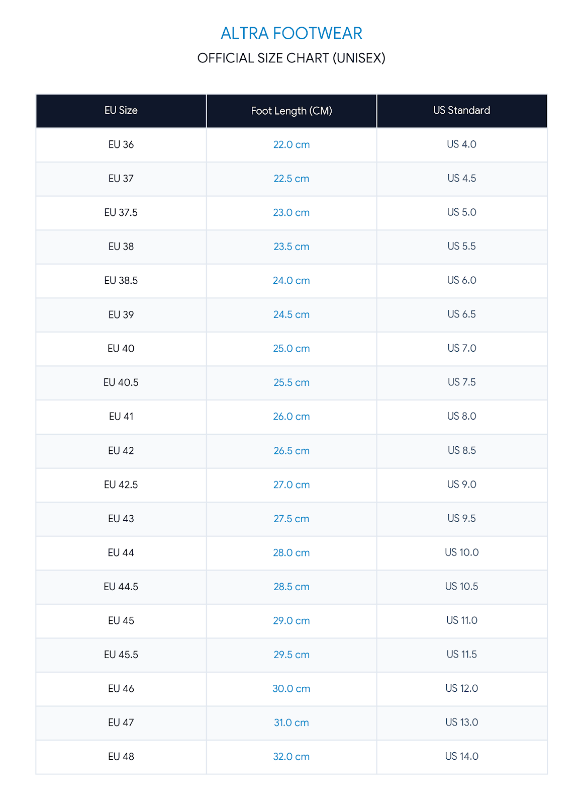 Altra Size Chart Official